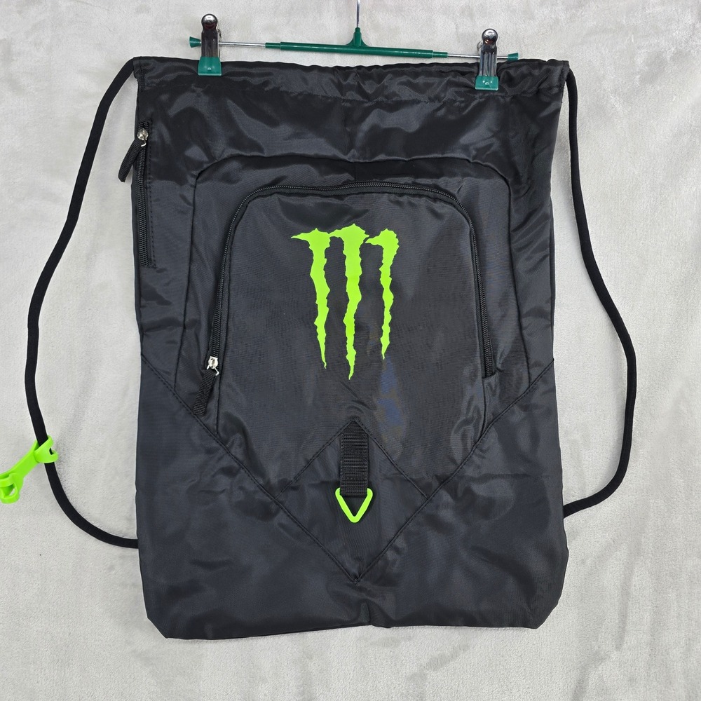 Monster Energy Drink Drawstring Backpack Black Green‎ Accents Gym Bag new